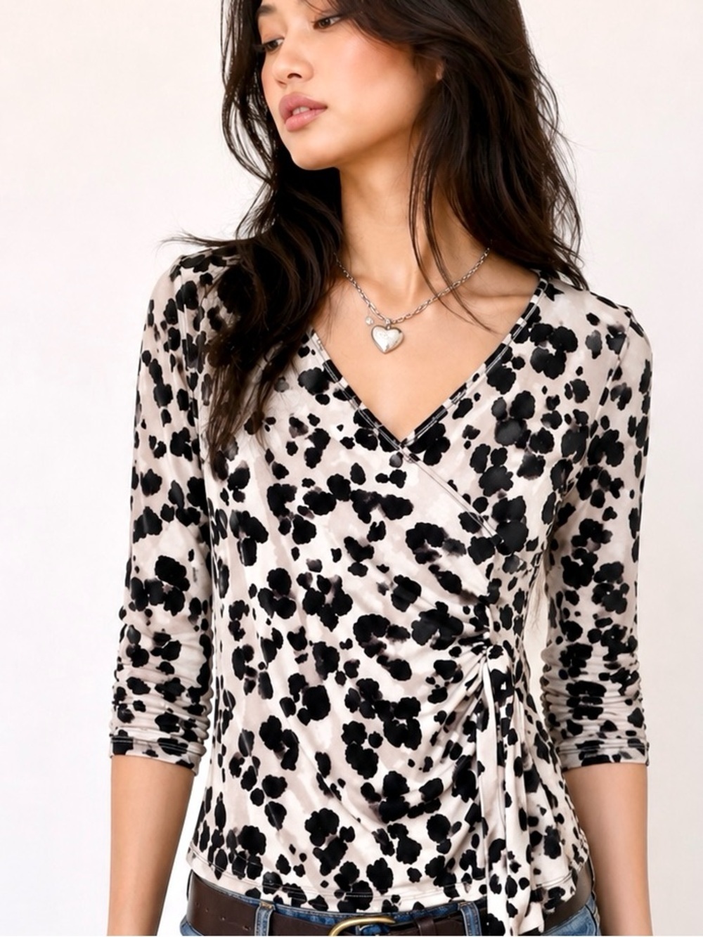 Y2K STYLE & CO LEOPARD ruched side faux wrapped top stretchy comfy women’s XS